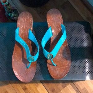 Vibrant teal Tory Burch Wedged Patent Leather Sandal